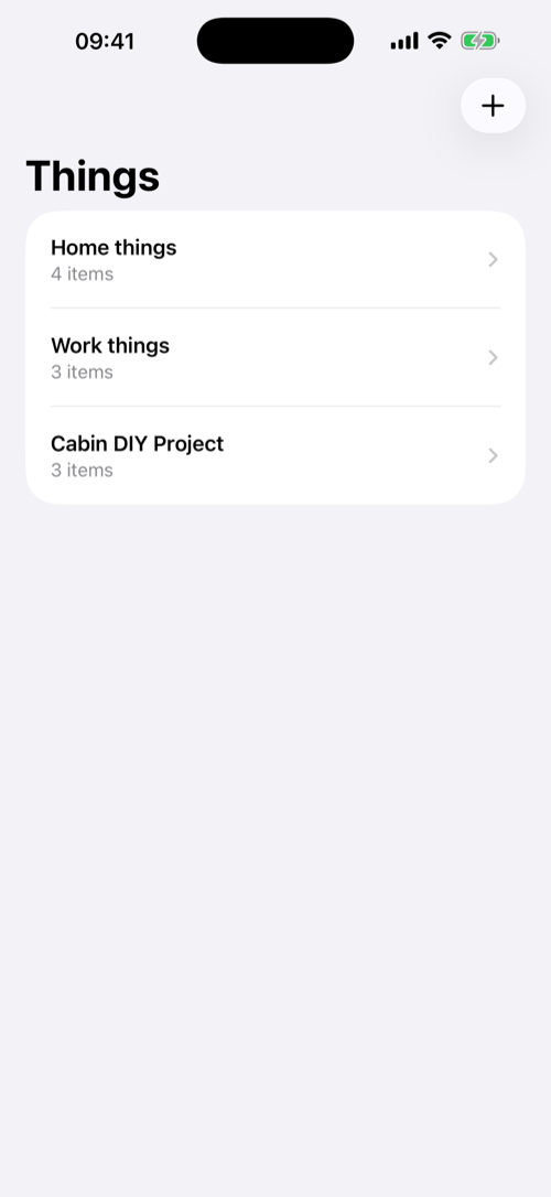 The app showing several named lists.
