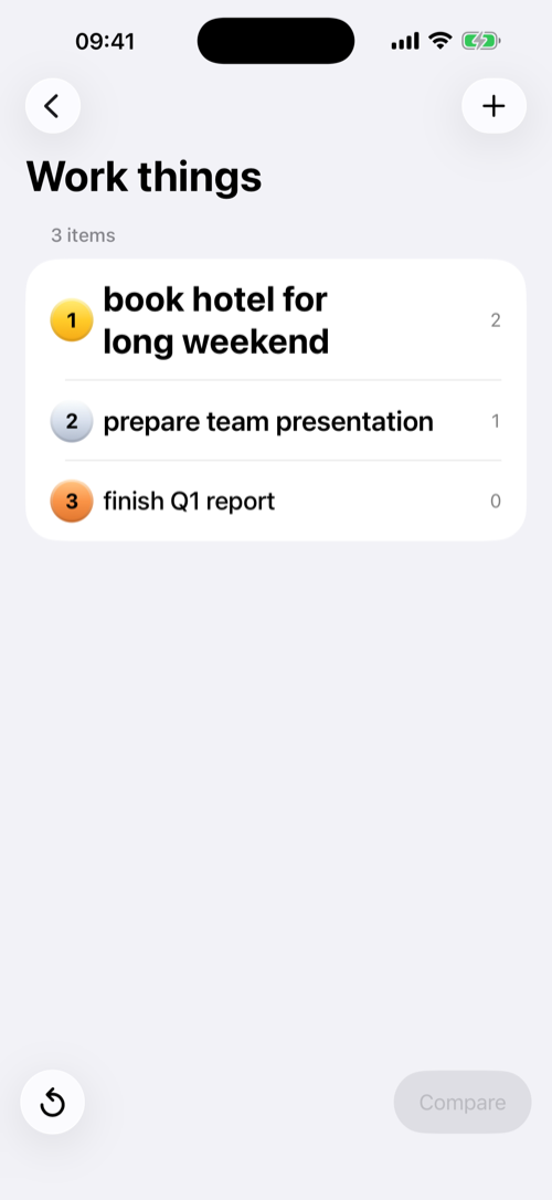 The app showing a finished, ranked list.